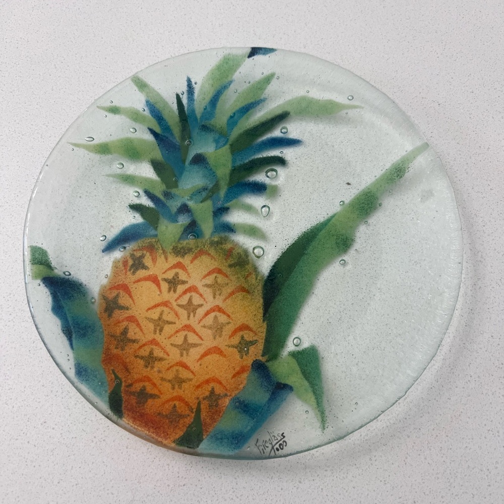Vintage Fireglass 2000 Fused Pineapple Art Plate Signed 11"